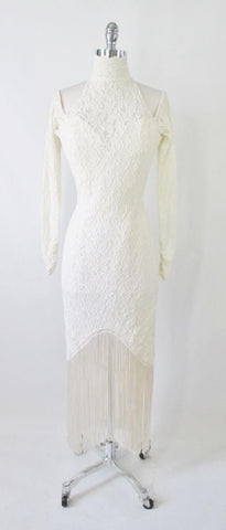 Vintage 80's / 90's Antique White Lace Fringe Bodycon Dress M