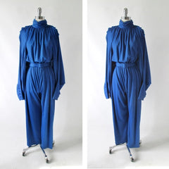 Vintage 80s Blue Jumpsuit Matching Cocoon Wrap L - Bombshell Bettys Vintage