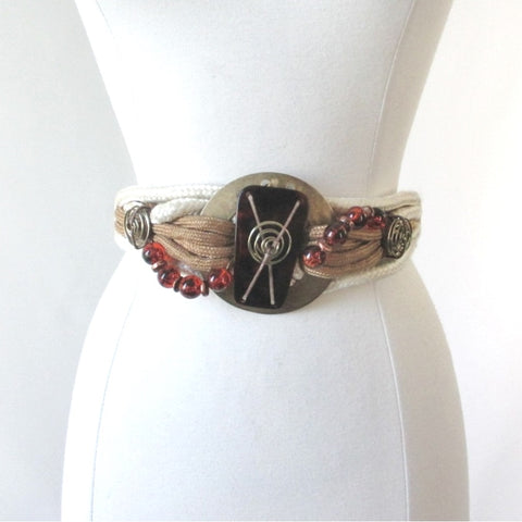 Vintage 80s Cream Fabric Belt With Fantastic Brass Face Clasp