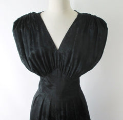 Vintage 80's Black Floral Wide Shoulder Silk Jumpsuit M - Bombshell Bettys Vintage
