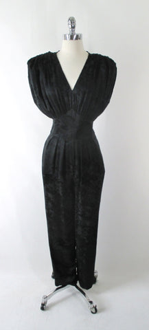Vintage 80's Black Floral Wide Shoulder Silk Jumpsuit M
