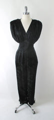 Vintage 80's Black Floral Wide Shoulder Silk Jumpsuit M - Bombshell Bettys Vintage