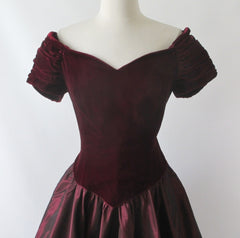 Vintage 80's / 50's Style Deep Red Velvet Sharkskin Taffeta Full Skirt Party Dress L - Bombshell Bettys Vintage