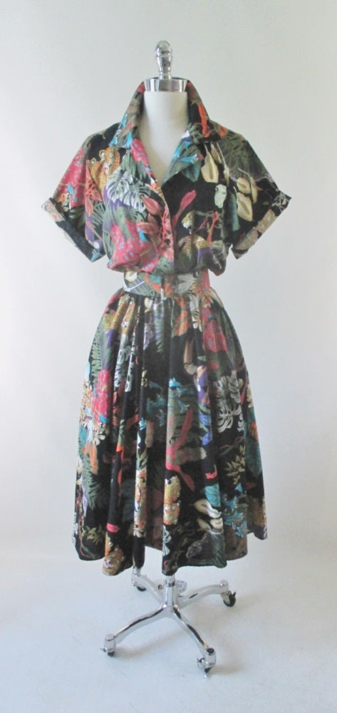 Vintage 80's Jungle Animal Print Full Skirt Day Dress L - Bombshell Bettys Vintage