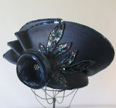 Vintage 80's Navy Blue Flower Sequins Derby Hat - Bombshell Bettys Vintage