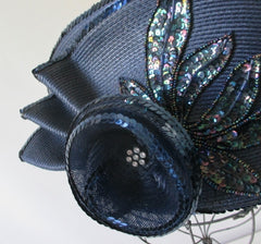 Vintage 80's Navy Blue Flower Sequins Derby Hat - Bombshell Bettys Vintage