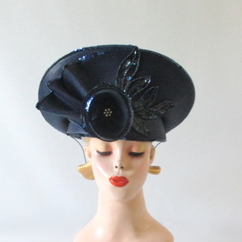 Vintage 80's Navy Blue Flower Sequins Derby Hat