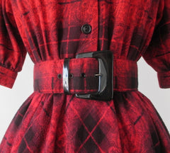 Vintage 80's 50's Style Full Skirt Red Plaid Flannel Dress S - Bombshell Bettys Vintage