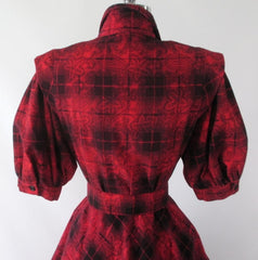 Vintage 80's 50's Style Full Skirt Red Plaid Flannel Dress S - Bombshell Bettys Vintage