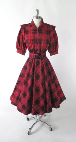 Vintage 80's 50's Style Full Skirt Red Plaid Flannel Dress S