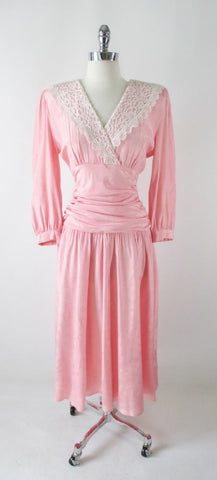 • Vintage 80's Pink Lace Shawl Collar Special Occasion Dress