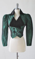 Vintage 80's Victorian Revival Green Sharkskin Taffeta Bolero Cropped Jacket S - Bombshell Bettys Vintage