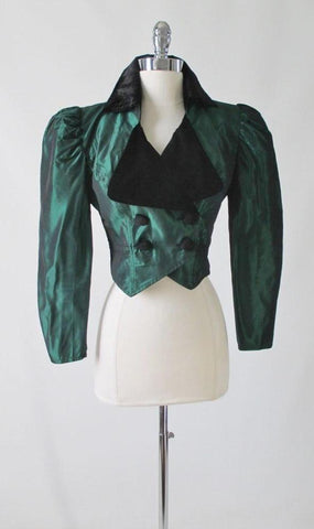 • Vintage 80's Victorian Revival Green Sharkskin Taffeta Bolero Cropped Jacket S