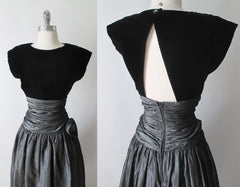 Vintage 80's Black Velvet Silver Taffeta Rosette Party Dress M - Bombshell Bettys Vintage
