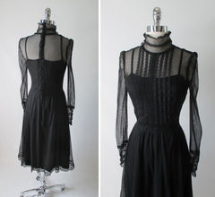 Vintage 80's Black Sheer Lace Prairie Victorian Gothic Tea Dress M - Bombshell Bettys Vintage