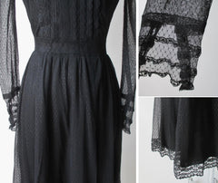 Vintage 80's Black Sheer Lace Prairie Victorian Gothic Tea Dress M - Bombshell Bettys Vintage