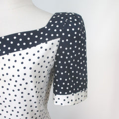 vintage 80s Carolina Herrera blue white polka dot day dress L sleeve left