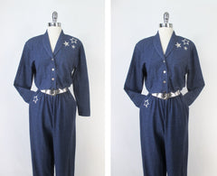 Vintage 80s Blue Heather Silver Star Jumpsuit Matching Belt Set S