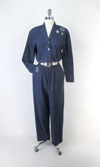 Vintage 80s Blue Heather Silver Star Jumpsuit Matching Belt Set S