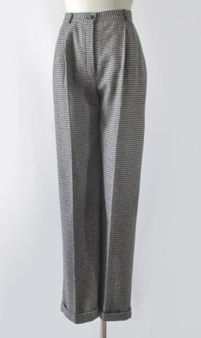 Vintage 80s Black White Herringbone Cuffed Pants / Trousers M