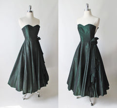 Vintage 90's Laura Ashley Strapless Green Floral Taffeta Party Dress Autumn/Winter 1990 XS - Bombshell Bettys Vintage