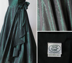 Vintage 90's Laura Ashley Strapless Green Floral Taffeta Party Dress Autumn/Winter 1990 XS - Bombshell Bettys Vintage