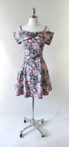 Vintage 80s Off The Shoulder Floral Mini Dress M