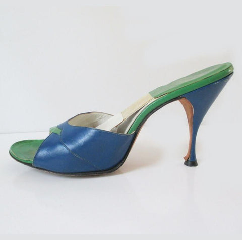 • Vintage 50's 60's Blue & Green Springolator Heels Shoes 8