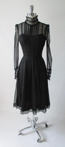 • Vintage 80's Black Sheer Lace Prairie Victorian Gothic Tea Dress M
