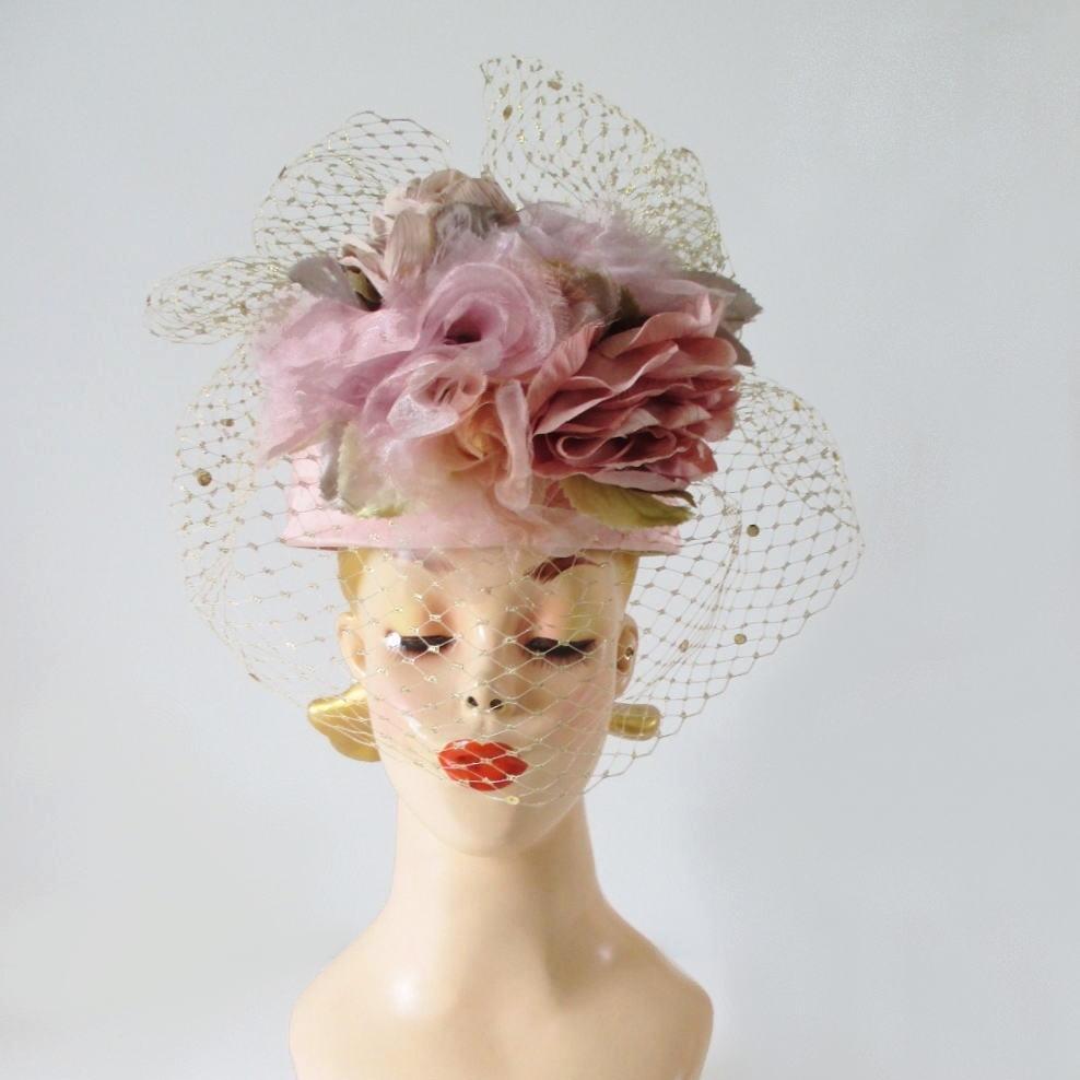 Vintage WHITTALL & SHON Pink Roses Gold Net Veil Pillbox Hat - Bombshell Bettys Vintage