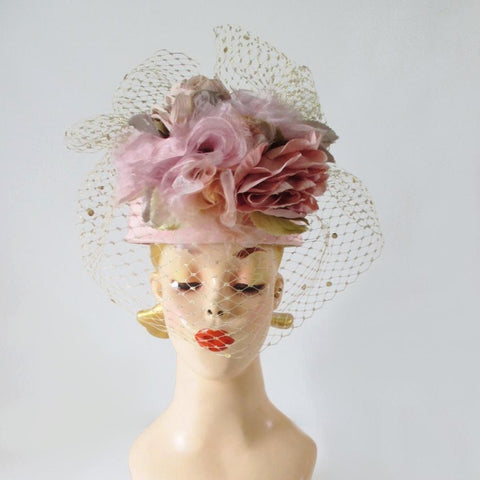 Vintage WHITTALL & SHON Pink Roses Gold Net Veil Pillbox Hat