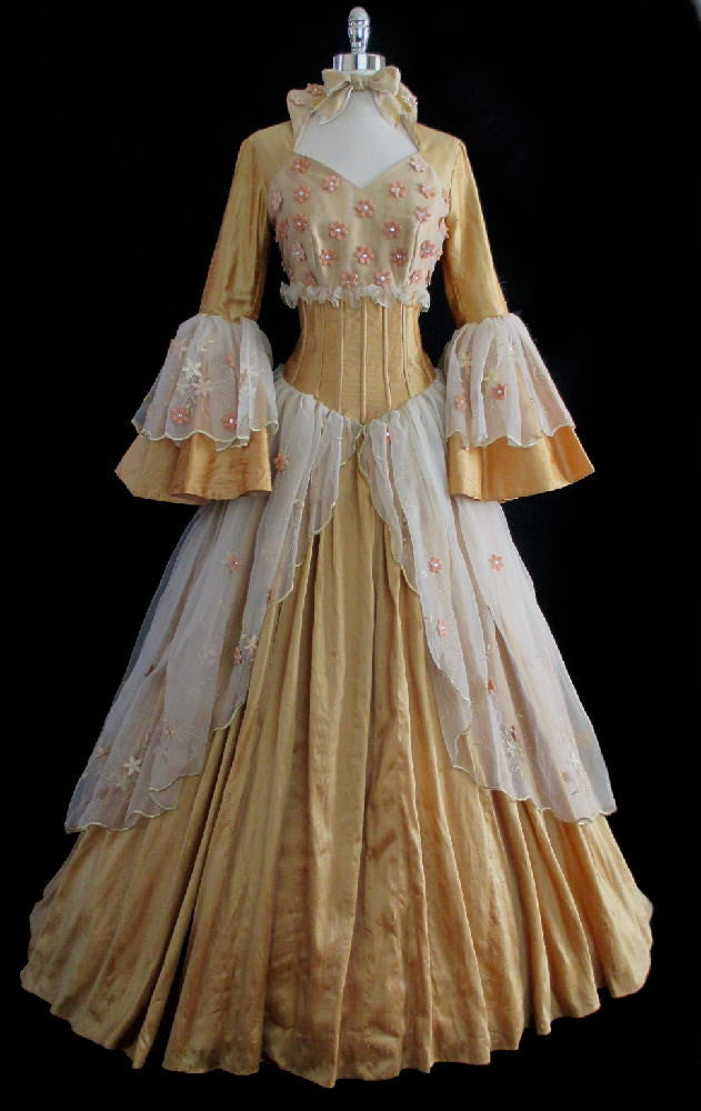 z Gold Silk Masquerade Renaissance Queen Princess Ball Gown Halloween Costume Dress M - Bombshell Bettys Vintage