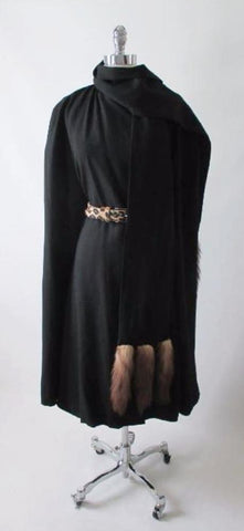 • Vintage 50's 60's Mink Tail Scarf Black Cape Wrap Coat One Size