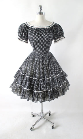Vintage Black & White Full Circle Skirt Square Dance / Dolly Dress M