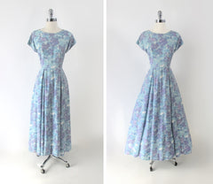vintage 50s watercolor full skirt full length dress gown medium party purple pink blue dress front and sweep