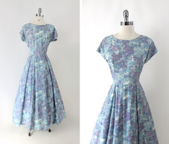 vintage 50s watercolor full skirt full length dress gown medium party purple pink blue dress back