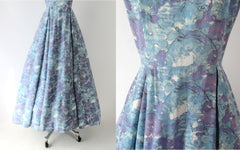 vintage 50s watercolor full skirt full length dress gown medium party purple pink blue dress skirt