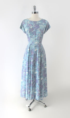 Vintage 50s Watercolor Floral Full Length Gown /  Dress M
