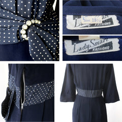 Vintage 50s Navy Blue Polka Dot Party Dress XL